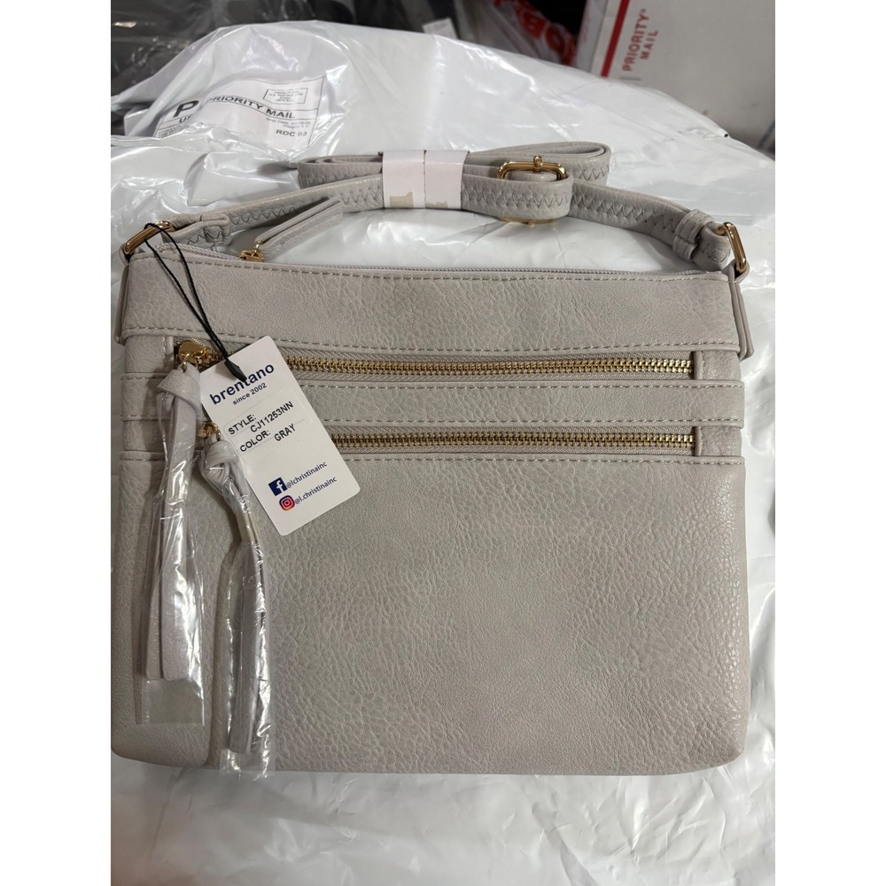 Brentano Light Gray Faux Leather Crossbody Bag Chevron Lining Adjustable Strap